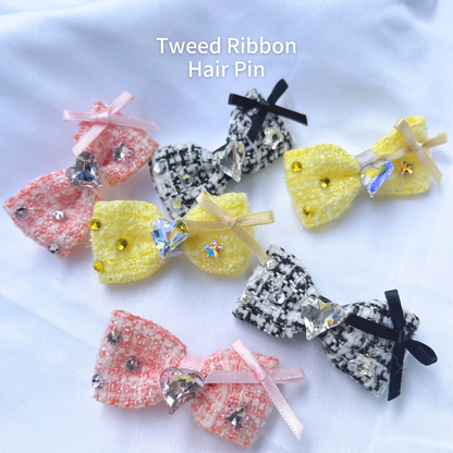 【Candy Series / 即納】Tweed Ribbon Hair Pin / ツイードリボンヘアピン